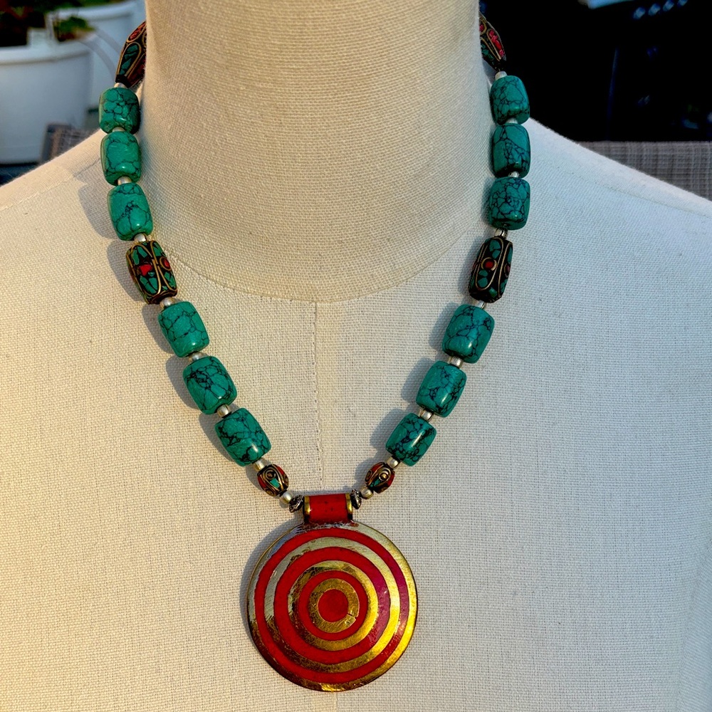 Turquoise and Red Pendant Necklace